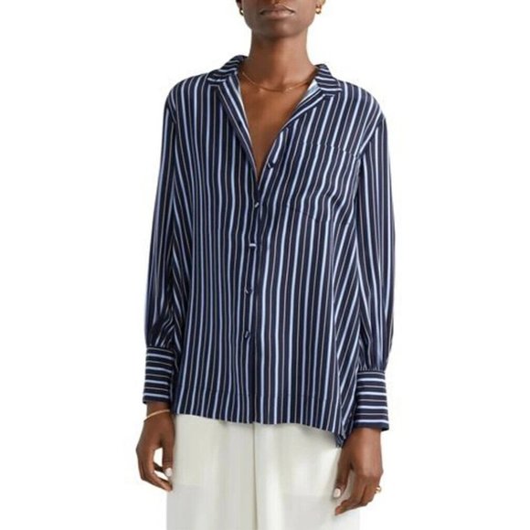 CO Striped Silk Crepe De Chine Shirt Sz XL Blue Button Front Band Collar Blouse - Picture 5 of 12